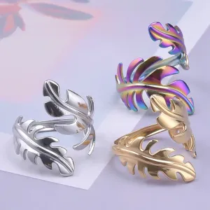 Leaf Shape Open Adjustable Rings For Women Stainless Steel Fashion Feather Shape Finger Rings Jewelry