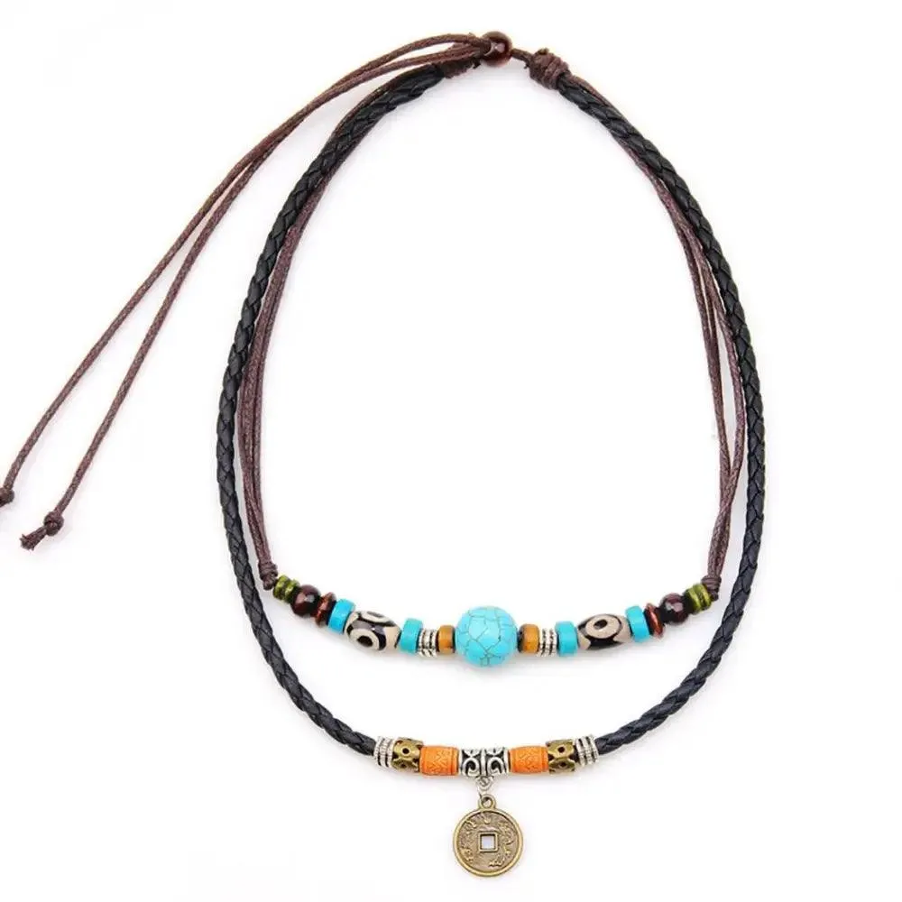 Leather 2 Layers Rope Vintage Coin Necklaces Retro Style Layered Pendant Lucky Charm Unique Men Necklace