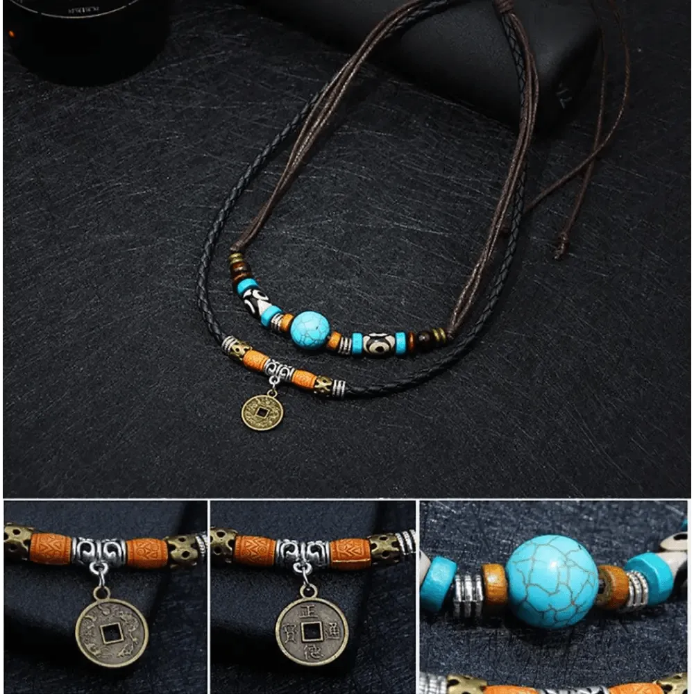 Leather 2 Layers Rope Vintage Coin Necklaces Retro Style Layered Pendant Lucky Charm Unique Men Necklace