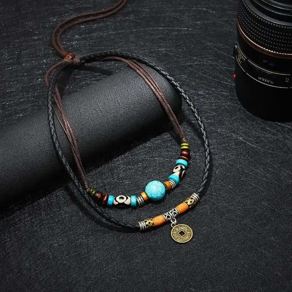 Leather 2 Layers Rope Vintage Coin Necklaces Retro Style Layered Pendant Lucky Charm Unique Men Necklace