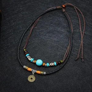 Leather 2 Layers Rope Vintage Coin Necklaces Retro Style Layered Pendant Lucky Charm Unique Men Necklace