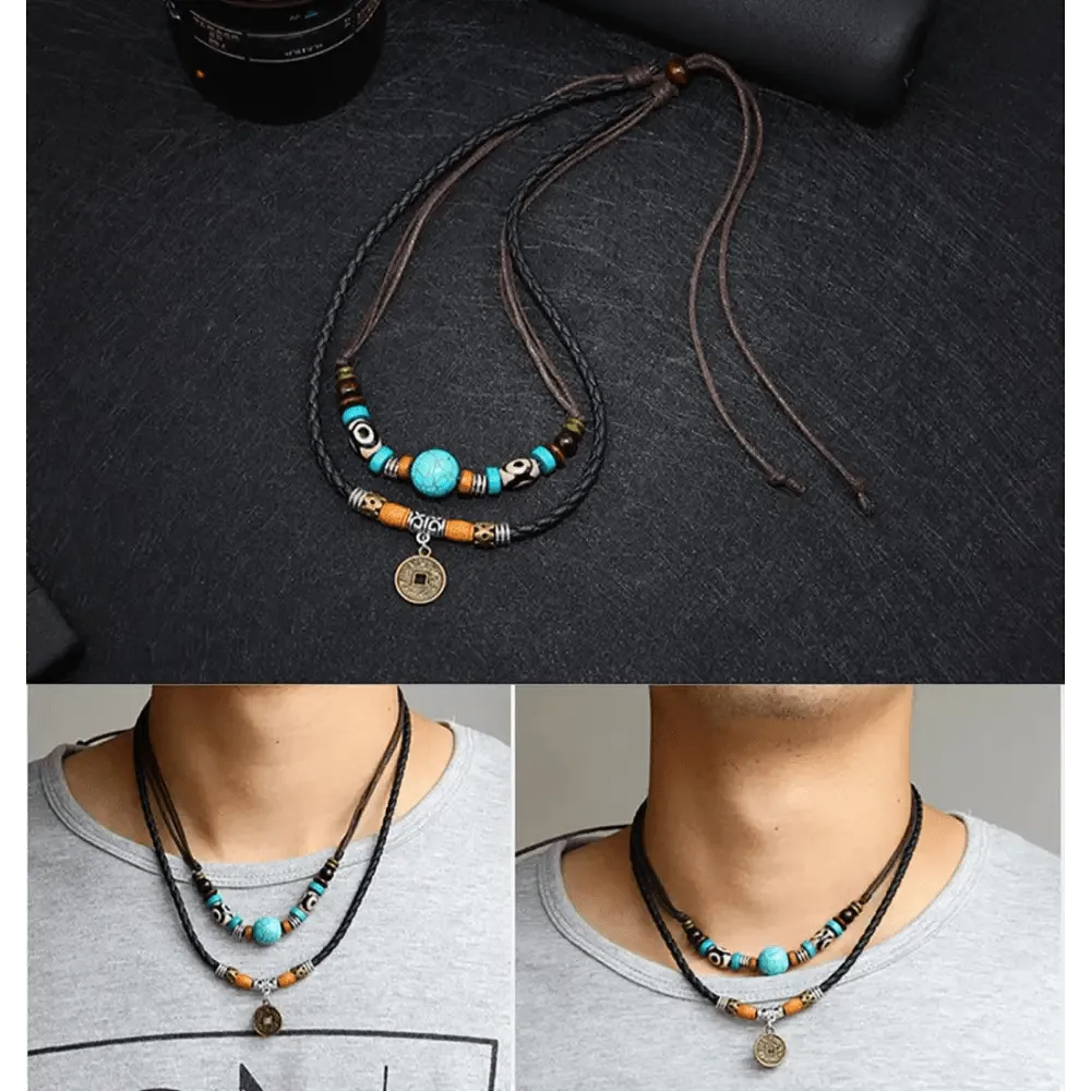 Leather 2 Layers Rope Vintage Coin Necklaces Retro Style Layered Pendant Lucky Charm Unique Men Necklace