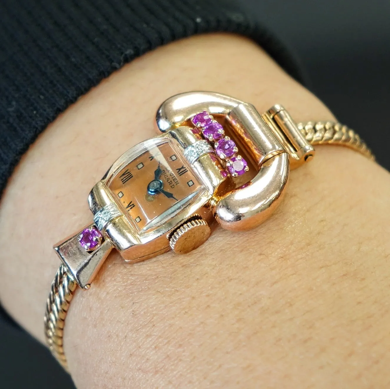 LUCIEN PICCARD Art Deco Ladies' 14K Rose Gold Cocktail Watch – 'Telephone' Design Rubies & Diamonds Wristwatch