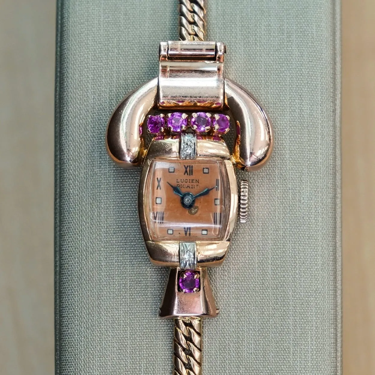 LUCIEN PICCARD Art Deco Ladies' 14K Rose Gold Cocktail Watch – 'Telephone' Design Rubies & Diamonds Wristwatch