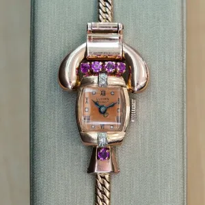 LUCIEN PICCARD Art Deco Ladies' 14K Rose Gold Cocktail Watch – 'Telephone' Design Rubies & Diamonds Wristwatch