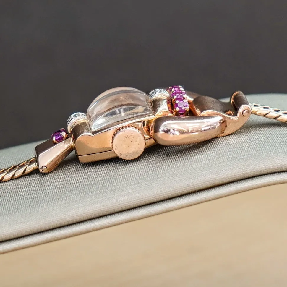 LUCIEN PICCARD Art Deco Ladies' 14K Rose Gold Cocktail Watch – 'Telephone' Design Rubies & Diamonds Wristwatch