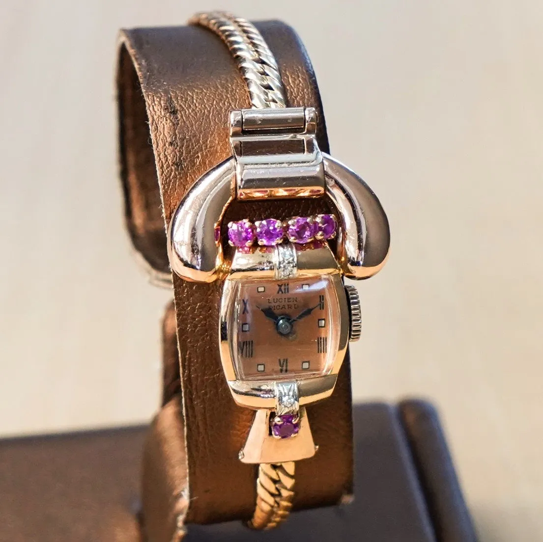 LUCIEN PICCARD Art Deco Ladies' 14K Rose Gold Cocktail Watch – 'Telephone' Design Rubies & Diamonds Wristwatch