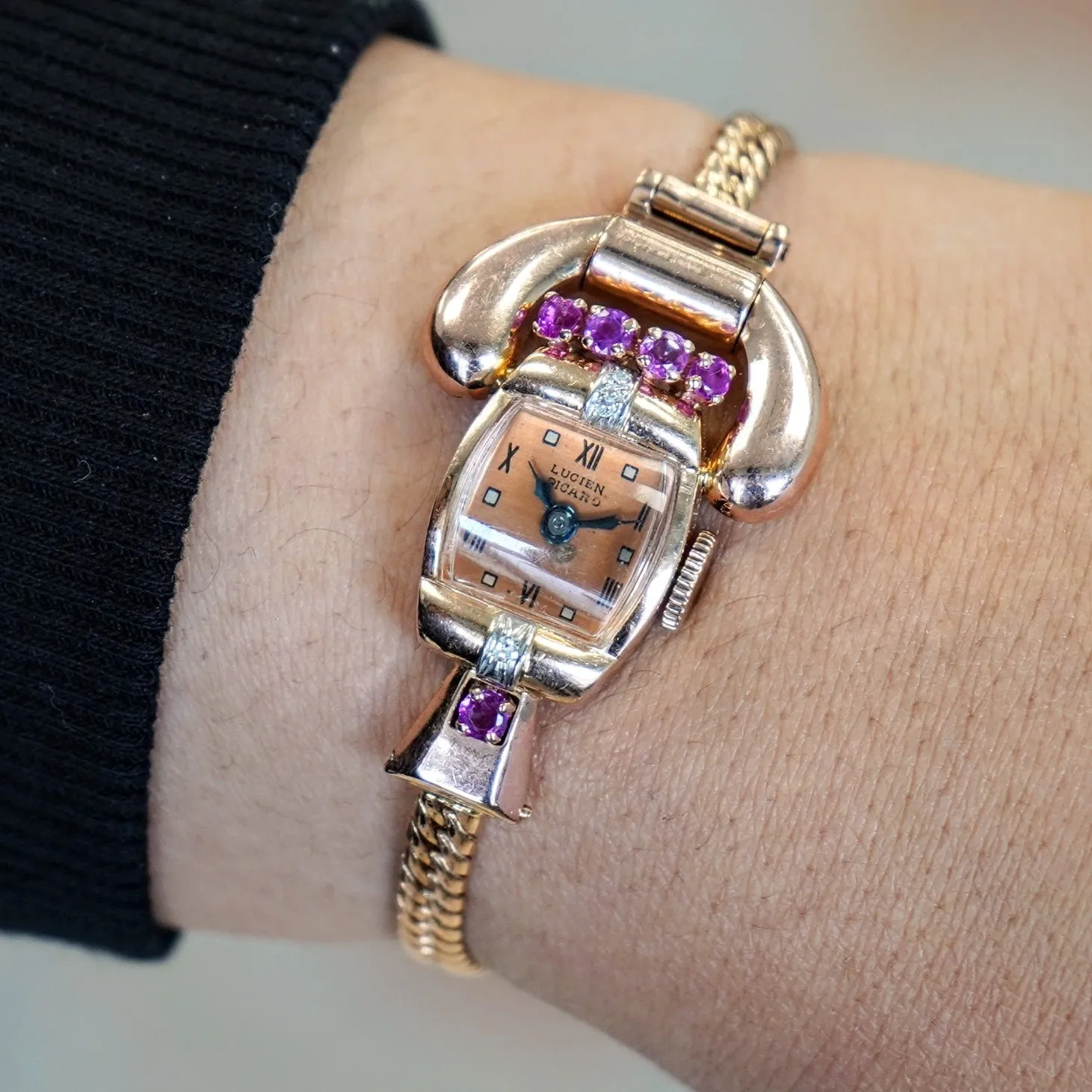 LUCIEN PICCARD Art Deco Ladies' 14K Rose Gold Cocktail Watch – 'Telephone' Design Rubies & Diamonds Wristwatch