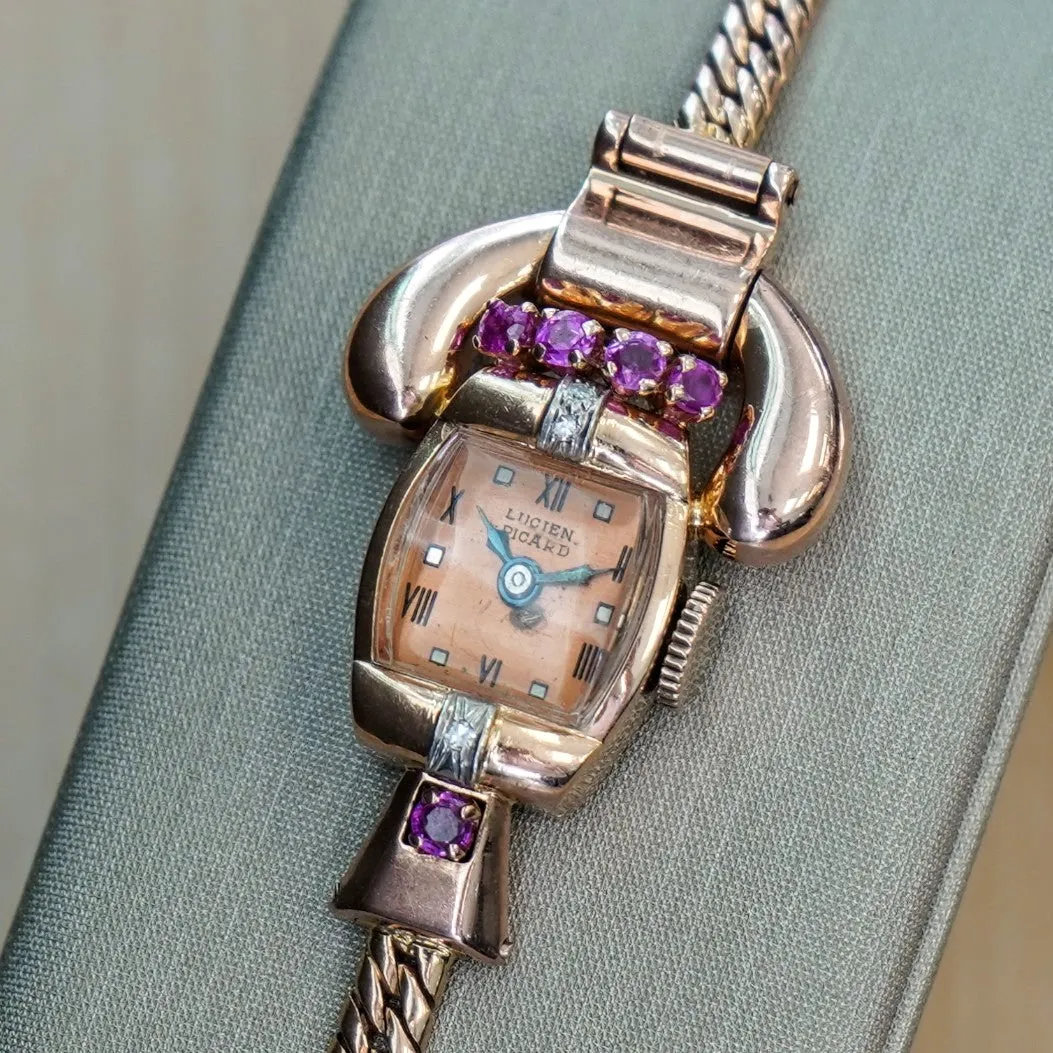 LUCIEN PICCARD Art Deco Ladies' 14K Rose Gold Cocktail Watch – 'Telephone' Design Rubies & Diamonds Wristwatch