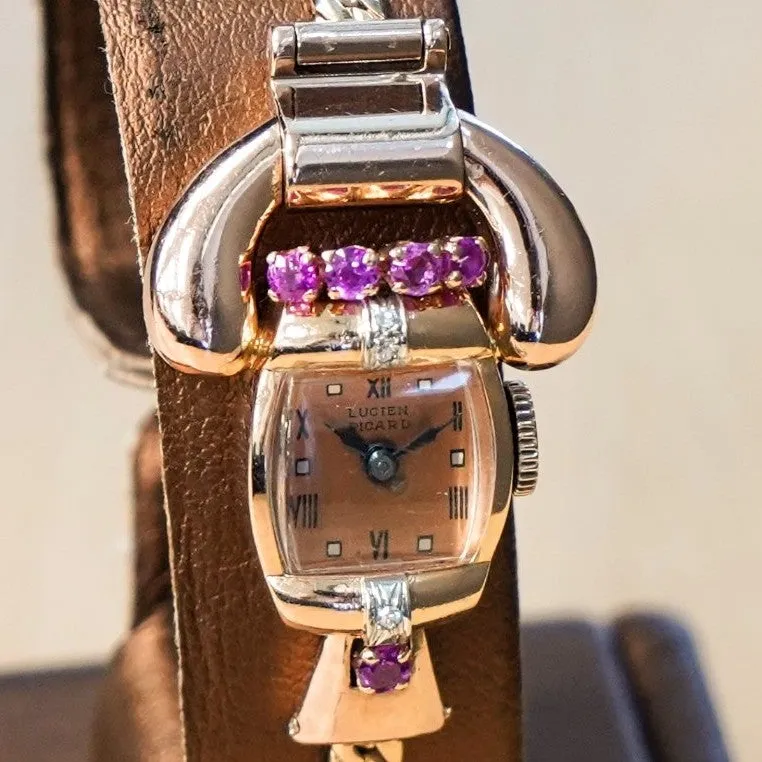 LUCIEN PICCARD Art Deco Ladies' 14K Rose Gold Cocktail Watch – 'Telephone' Design Rubies & Diamonds Wristwatch