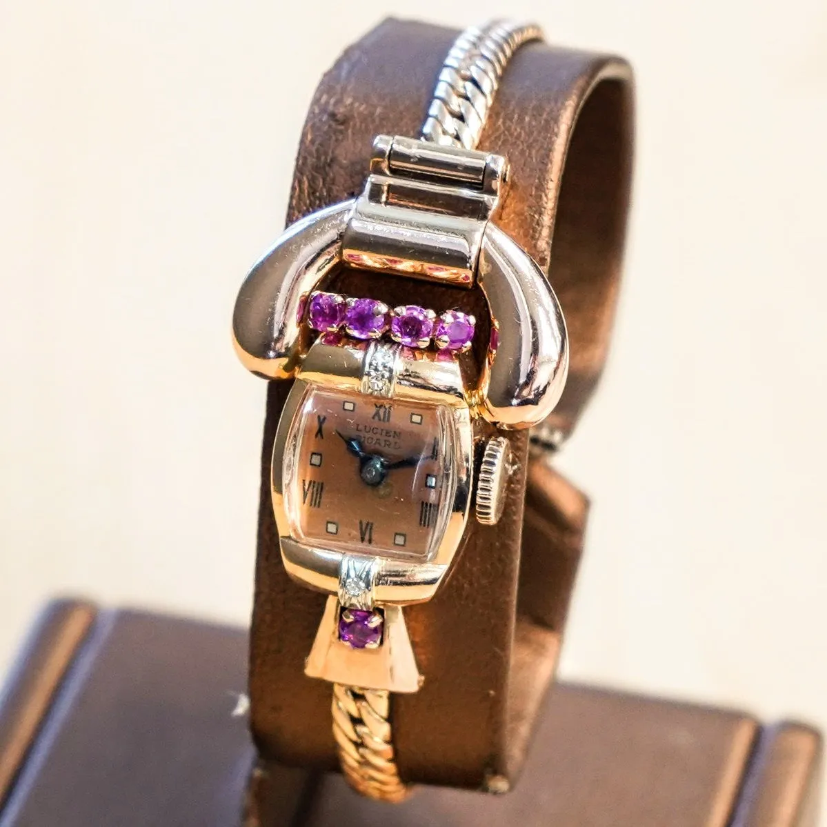 LUCIEN PICCARD Art Deco Ladies' 14K Rose Gold Cocktail Watch – 'Telephone' Design Rubies & Diamonds Wristwatch