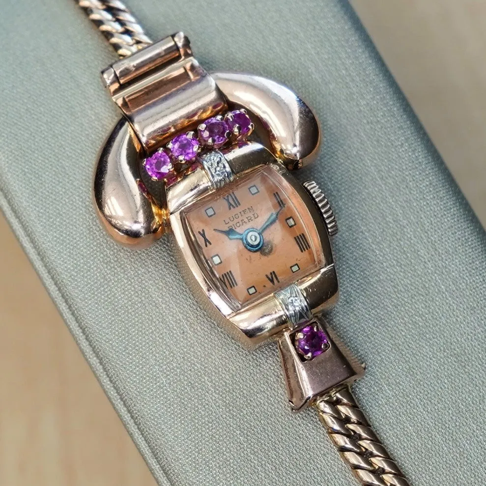 LUCIEN PICCARD Art Deco Ladies' 14K Rose Gold Cocktail Watch – 'Telephone' Design Rubies & Diamonds Wristwatch