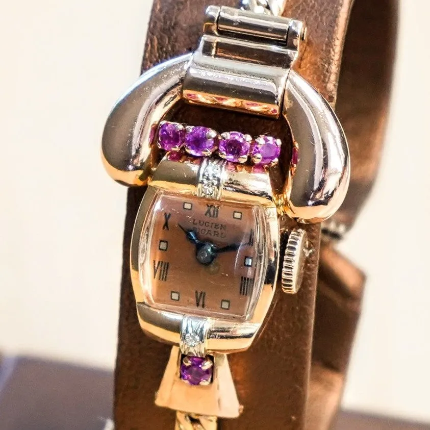 LUCIEN PICCARD Art Deco Ladies' 14K Rose Gold Cocktail Watch – 'Telephone' Design Rubies & Diamonds Wristwatch