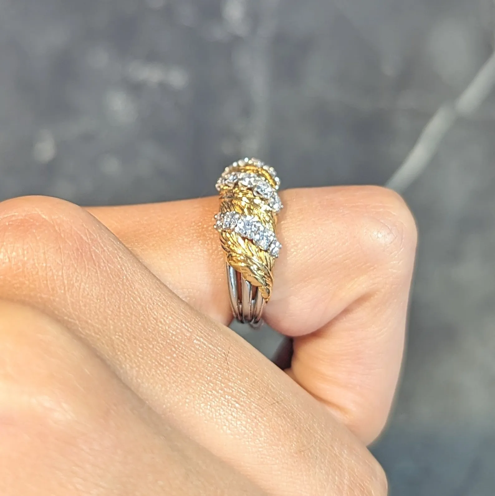 McTeigue & Co. 1950's Diamond Platinum 18 Karat Gold Vintage Feather Band Ring
