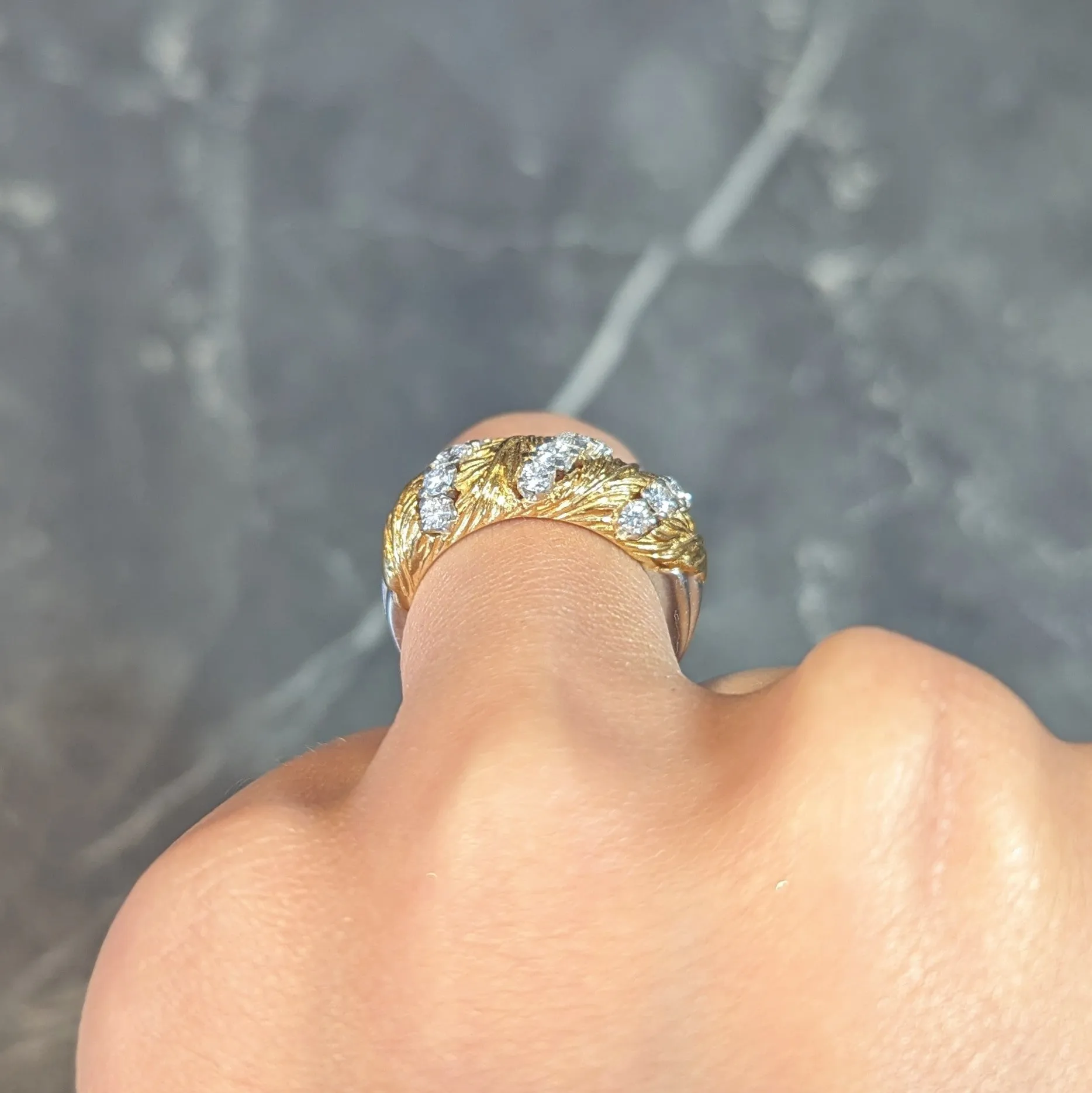 McTeigue & Co. 1950's Diamond Platinum 18 Karat Gold Vintage Feather Band Ring