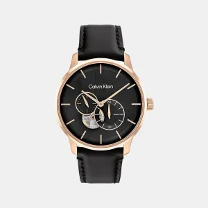 Men Black Dial Leather Multi-Function Watch 25200074