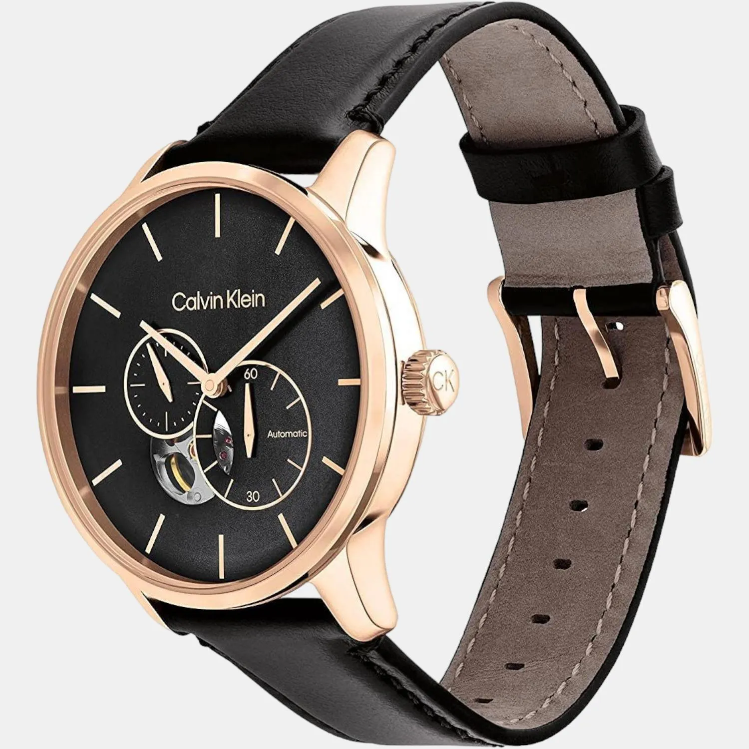 Men Black Dial Leather Multi-Function Watch 25200074