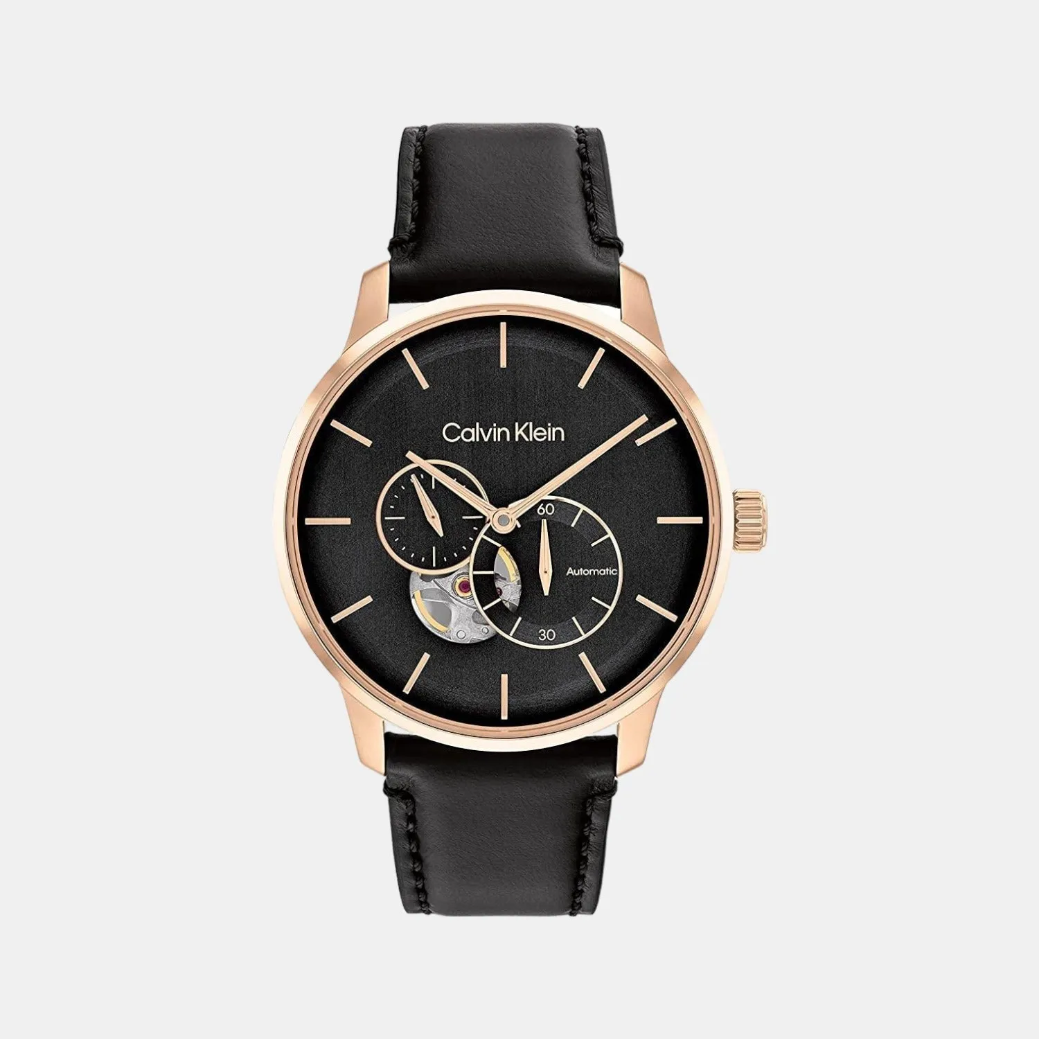 Men Black Dial Leather Multi-Function Watch 25200074