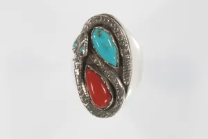 Men's Zuni Sterling Silver Turquoise & Coral Snake Ring By Ray Nieto Size 10