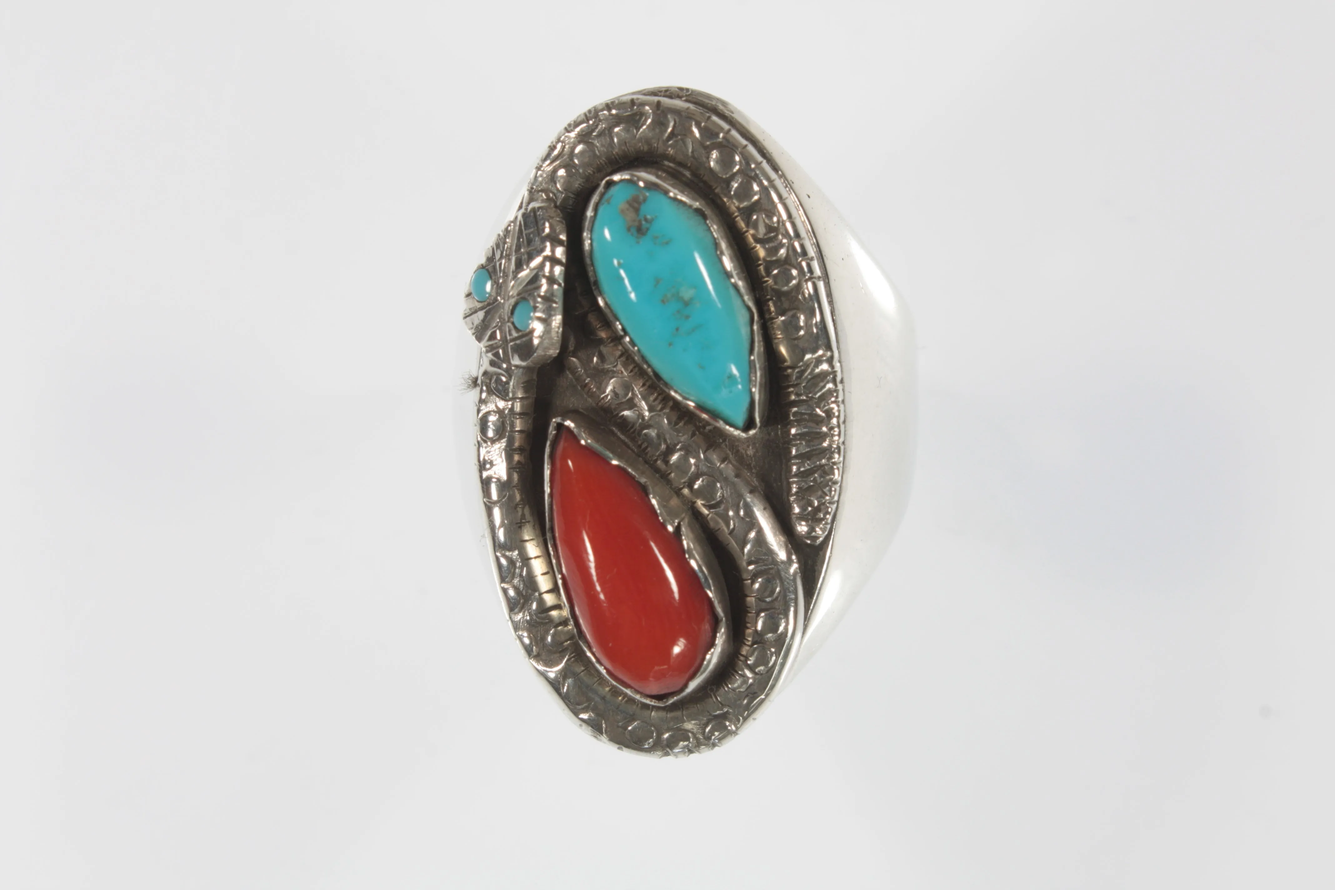 Men's Zuni Sterling Silver Turquoise & Coral Snake Ring By Ray Nieto Size 10