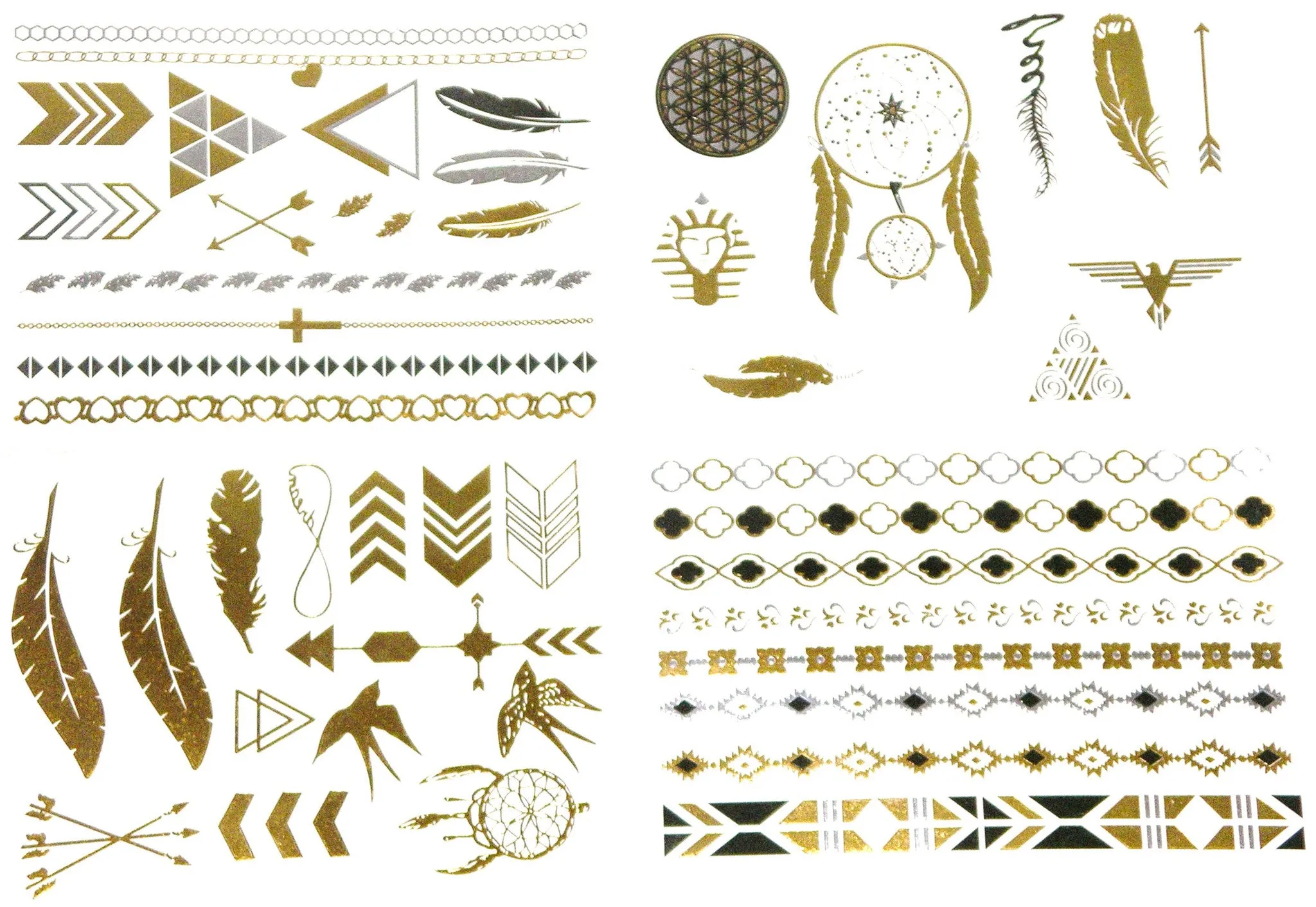 Metallic Temporary Tattoos Gold And Silver Four Sheets Boho Dreamcatchers Feathers Arrows Eagle Necklace Bracelet Upper Arm Band Tattoo