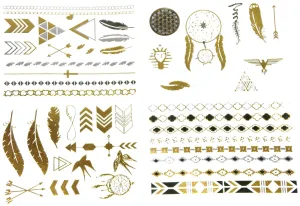 Metallic Temporary Tattoos Gold And Silver Four Sheets Boho Dreamcatchers Feathers Arrows Eagle Necklace Bracelet Upper Arm Band Tattoo
