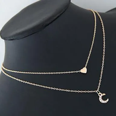 Moon Heart Necklace - 2 Layer Crystal Pendant with Adjustable Chain