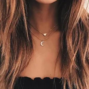 Moon Heart Necklace - 2 Layer Crystal Pendant with Adjustable Chain
