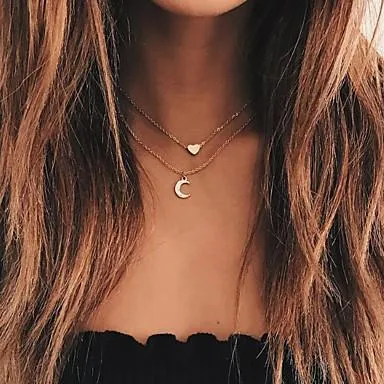 Moon Heart Necklace - 2 Layer Crystal Pendant with Adjustable Chain