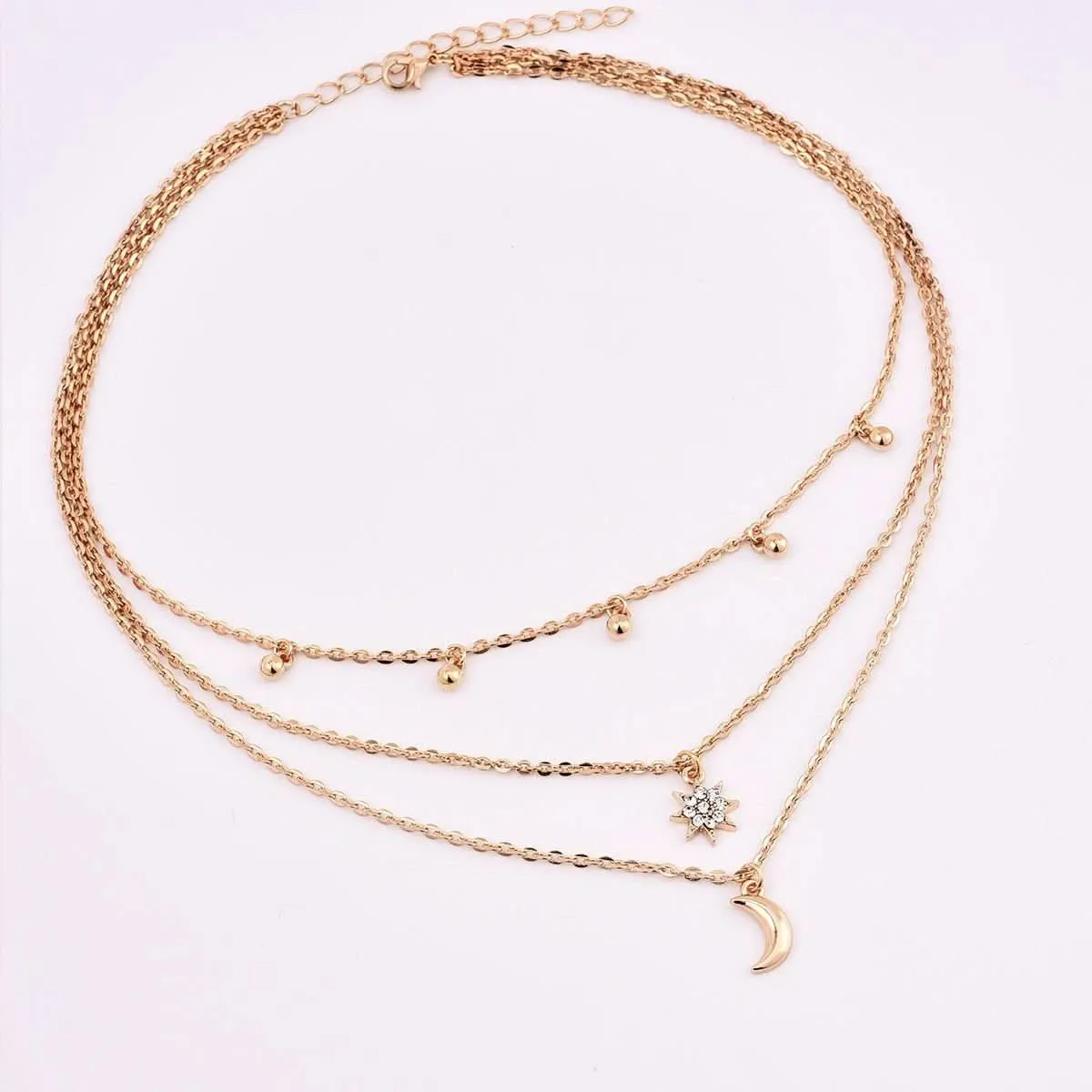 Moon Star Bead Three Layer Necklace