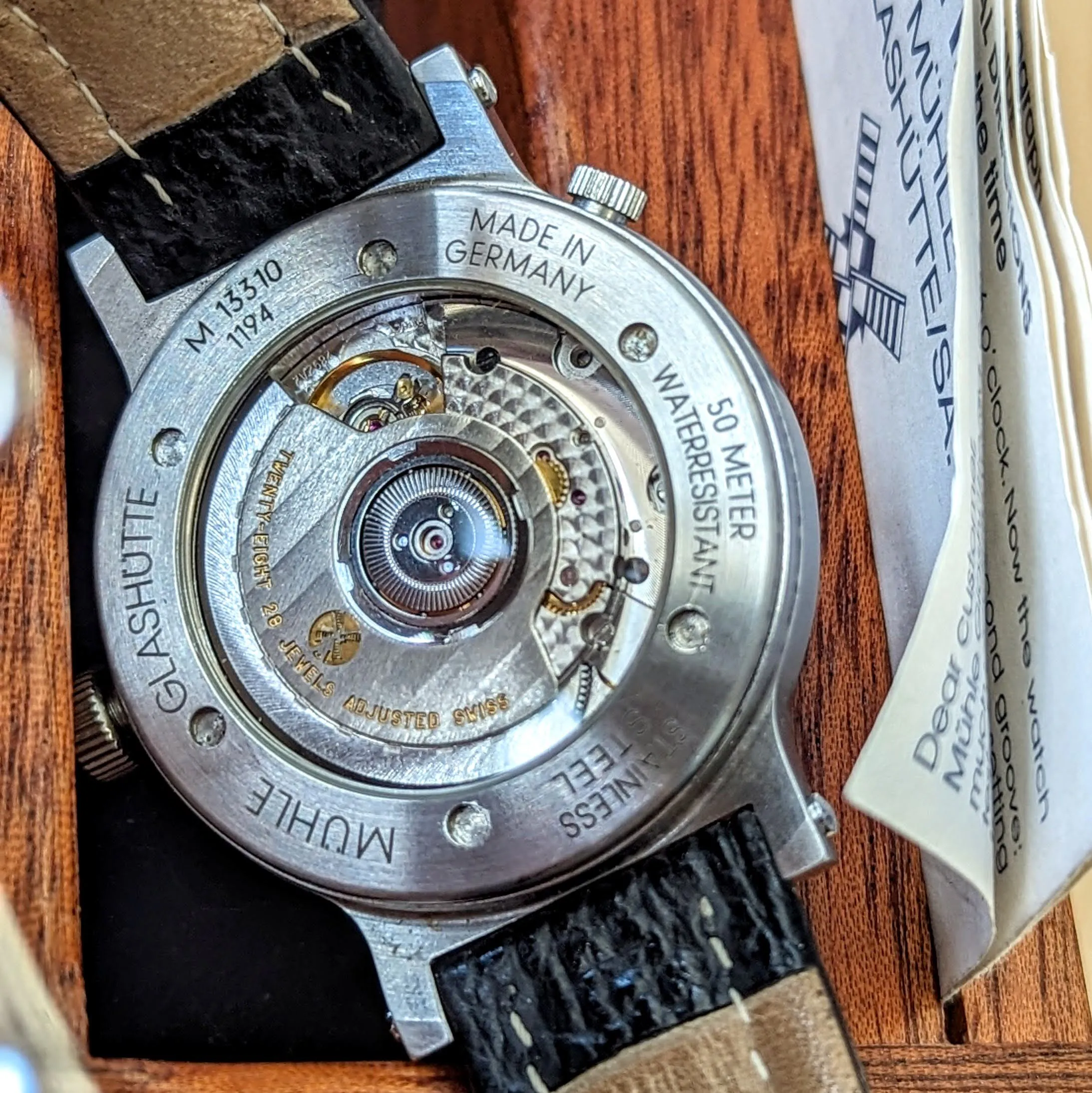 Muhle Glashutte Traveler Automatic Wristwatch Power Reserve - Display Back - M13310 1194 - Original Wood Box & Papers