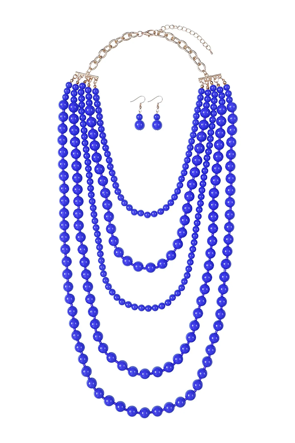 Multi Layered Beads Necklace and Earrings Set Sapphire - Pack of 6