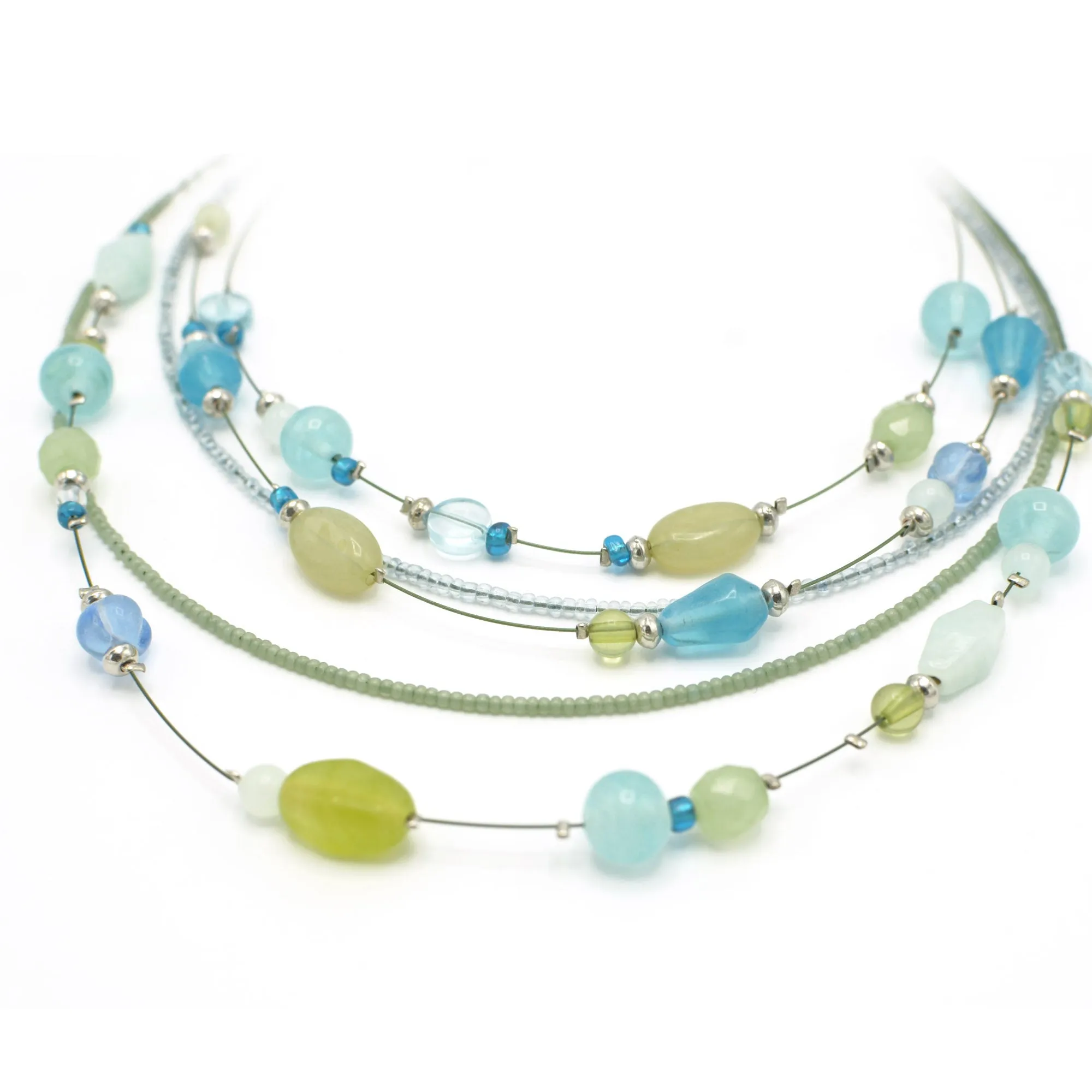 MULTICOLOR BEADS SILVER LAYER NECKLACE #QN12396-1X_GRN/BLUE MIX(FH20)