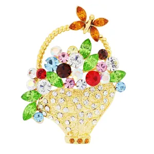 Multicolor Flower Basket With Butterfly Swarovski Crystal Pin Brooch