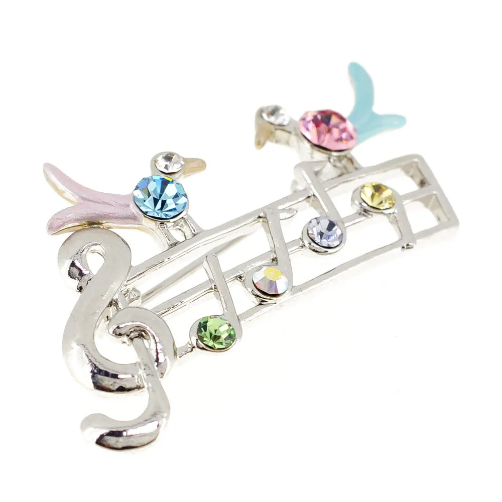 Multicolor Music Note With Birds Crystal Pin Brooch