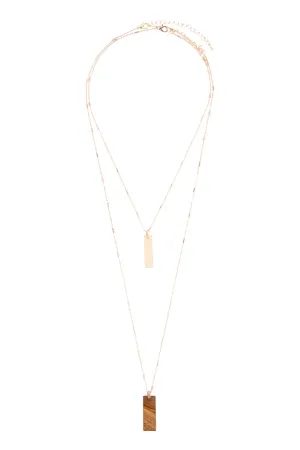 MYN1338 - 2 LAYERED BAR METAL STONE PENDANT NECKLACE