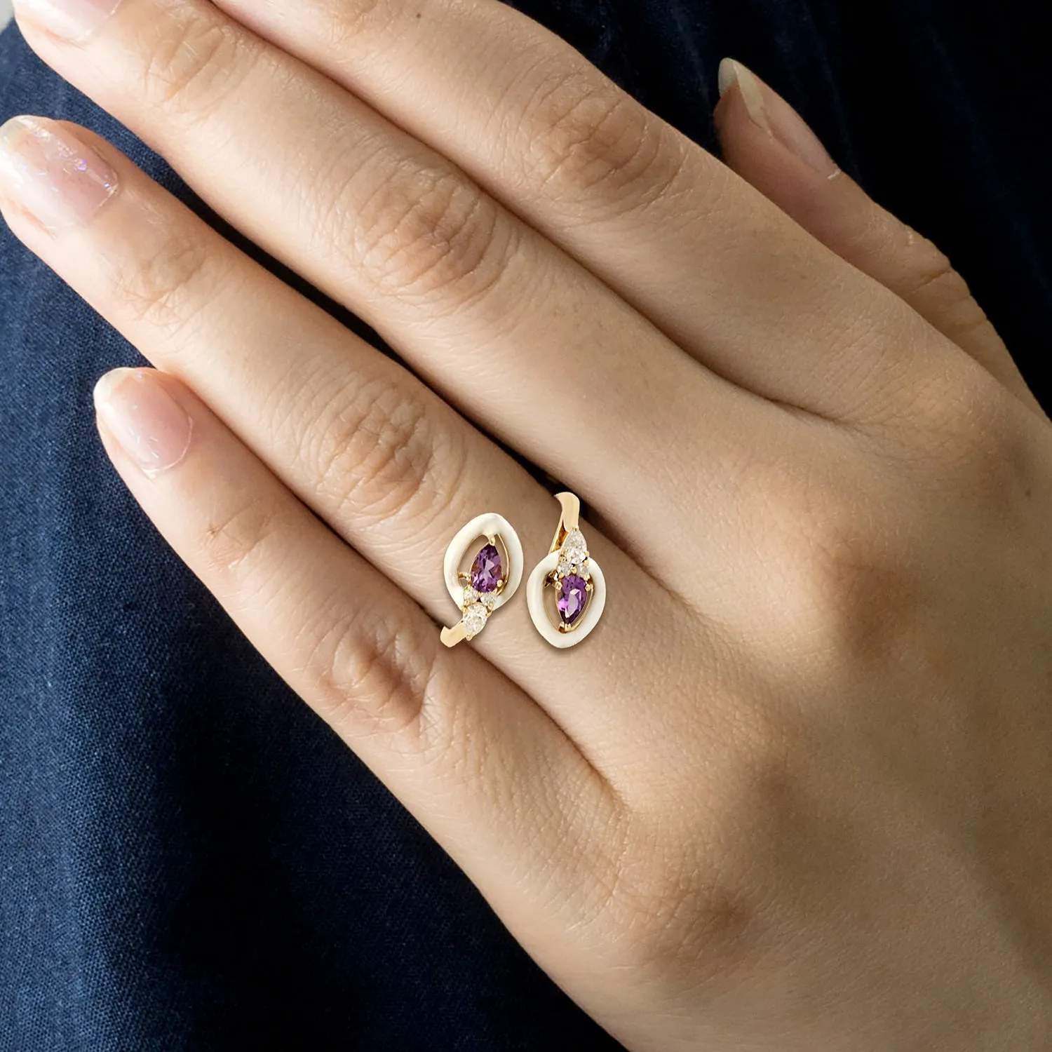 Natural Amethyst & Diamond Gemstone Crossover Ring 14k Yellow Gold Enamel Jewelry