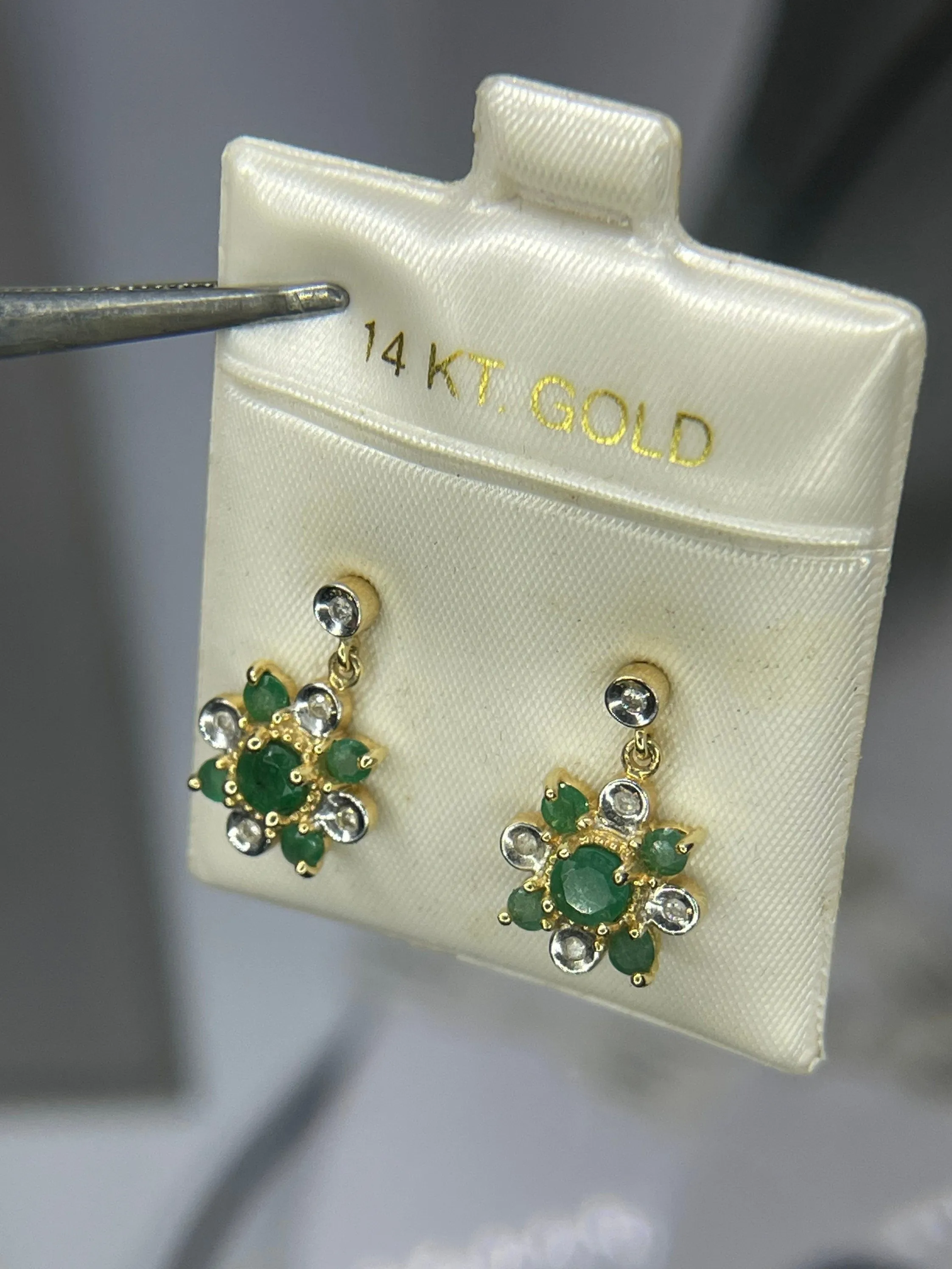 Natural Emerald & Diamond 14k Yellow Gold Dangle Earrings