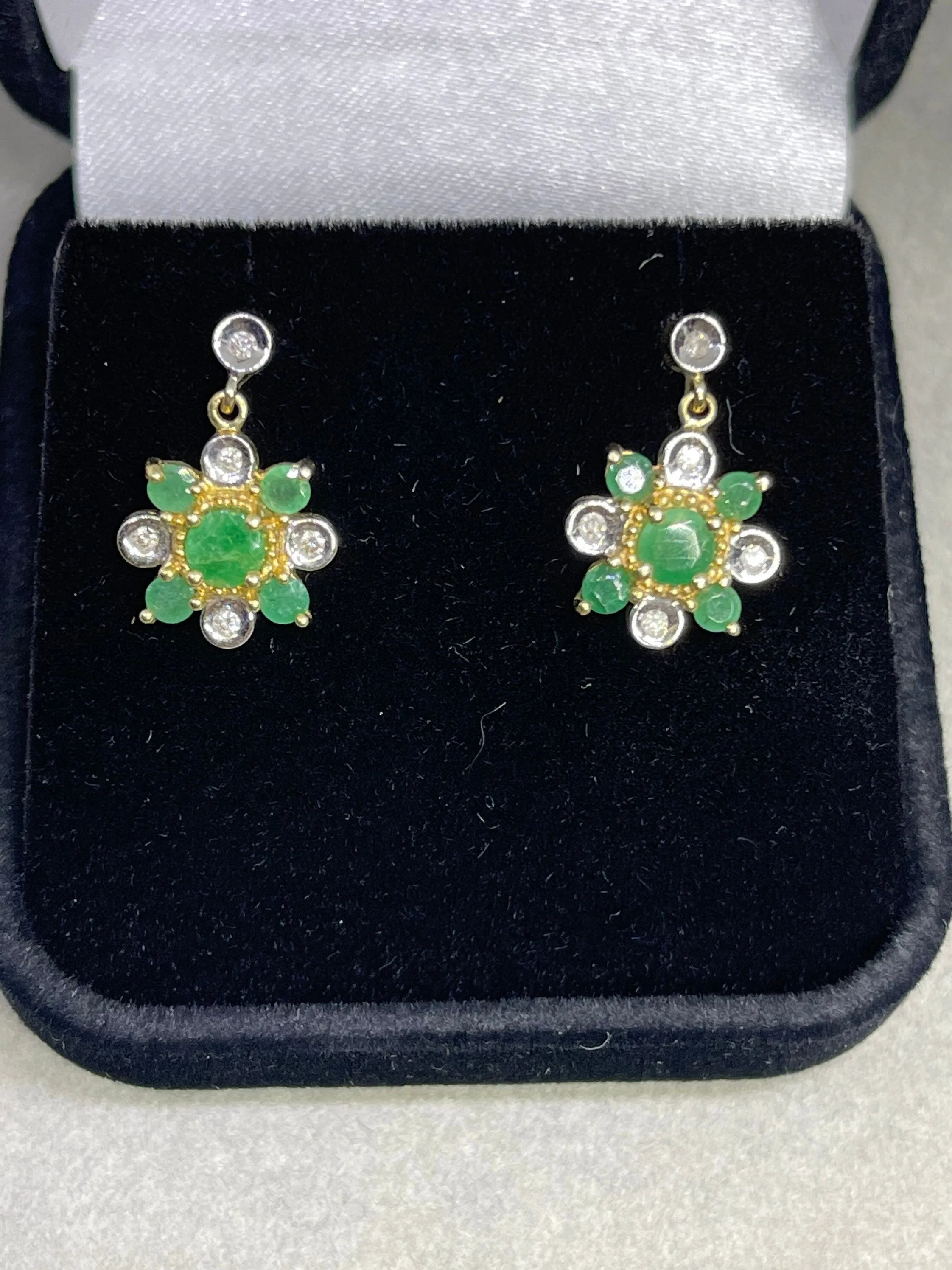 Natural Emerald & Diamond 14k Yellow Gold Dangle Earrings