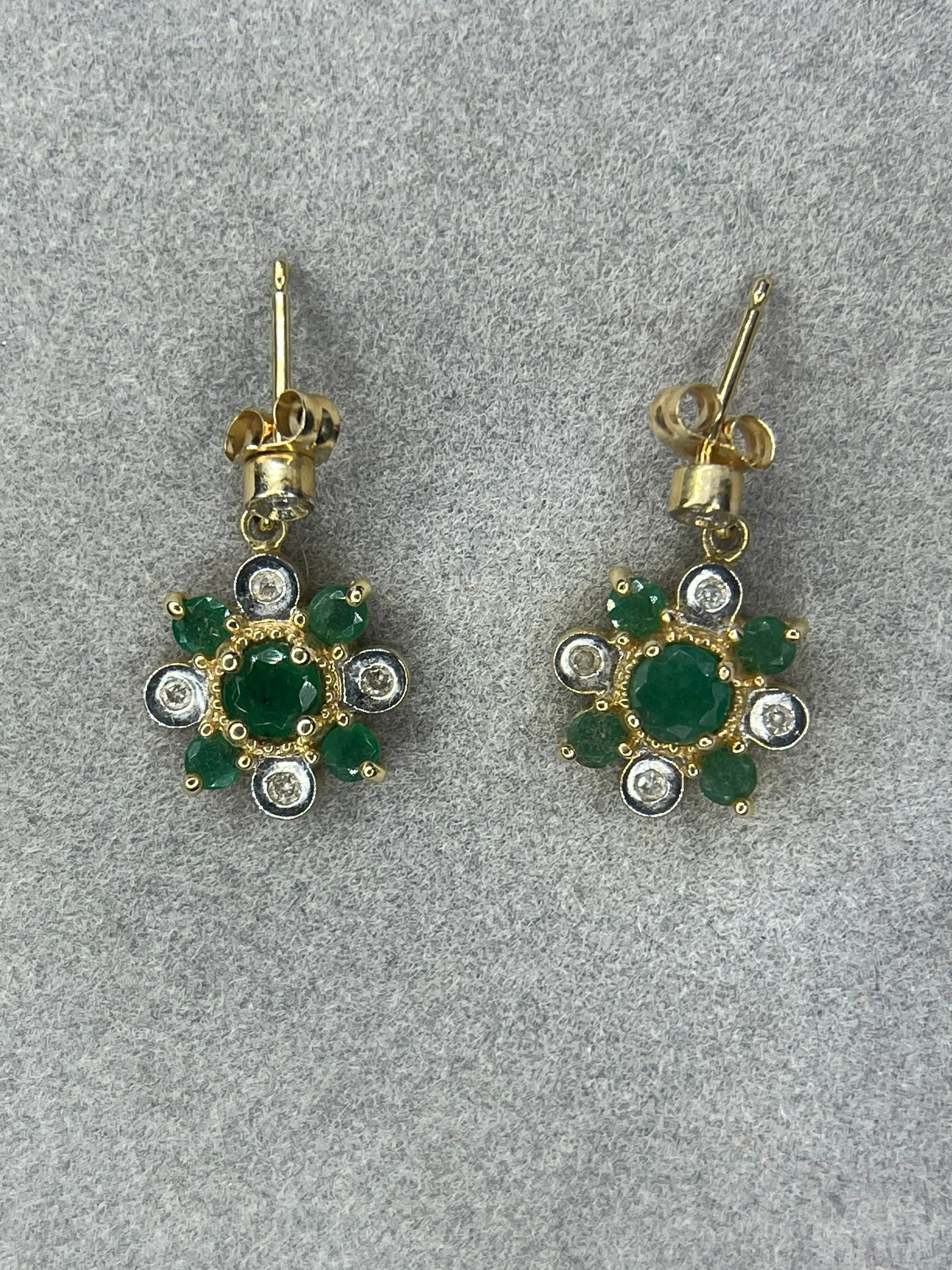 Natural Emerald & Diamond 14k Yellow Gold Dangle Earrings