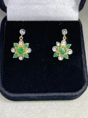 Natural Emerald & Diamond 14k Yellow Gold Dangle Earrings
