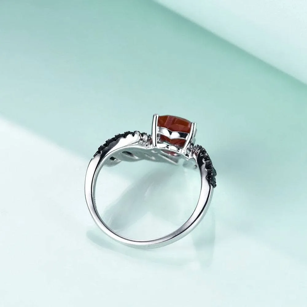 Natural Red Garnet Black Swan Feather Wing Ring