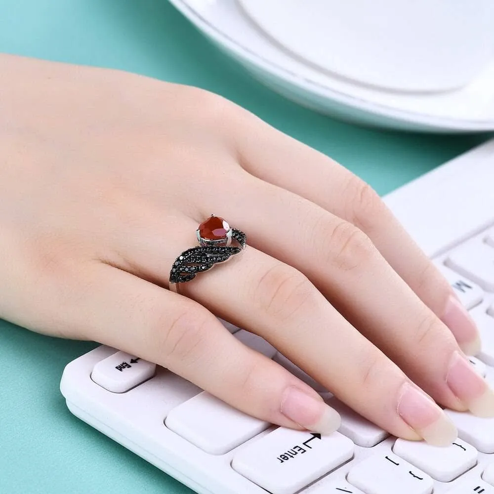 Natural Red Garnet Black Swan Feather Wing Ring