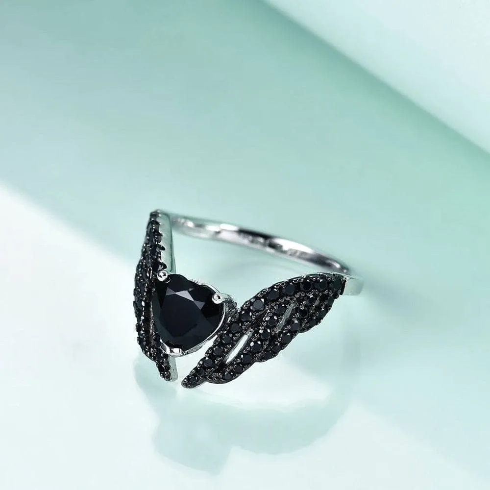 Natural Red Garnet Black Swan Feather Wing Ring