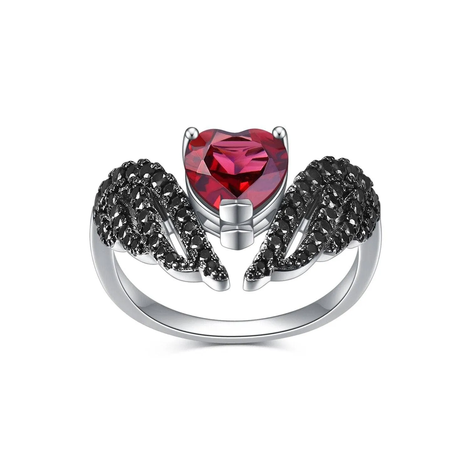 Natural Red Garnet Black Swan Feather Wing Ring
