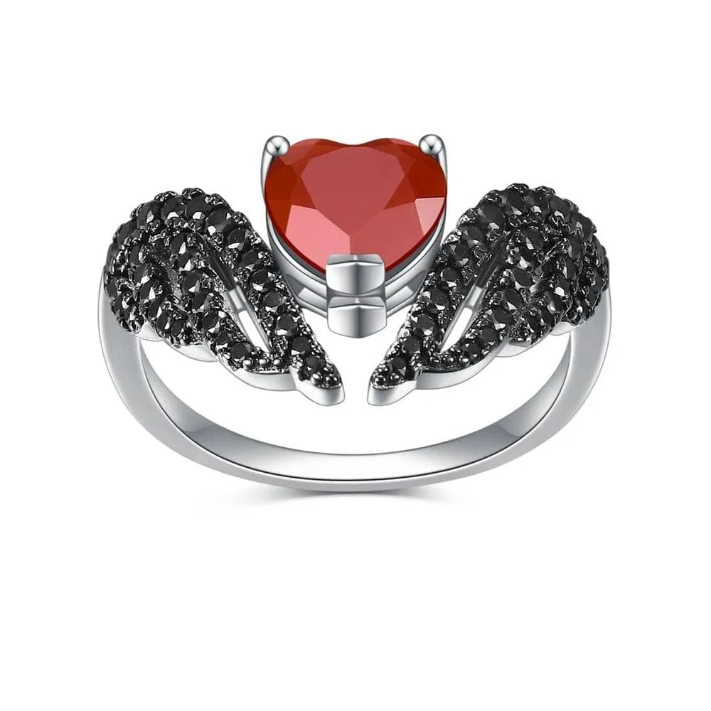 Natural Red Garnet Black Swan Feather Wing Ring