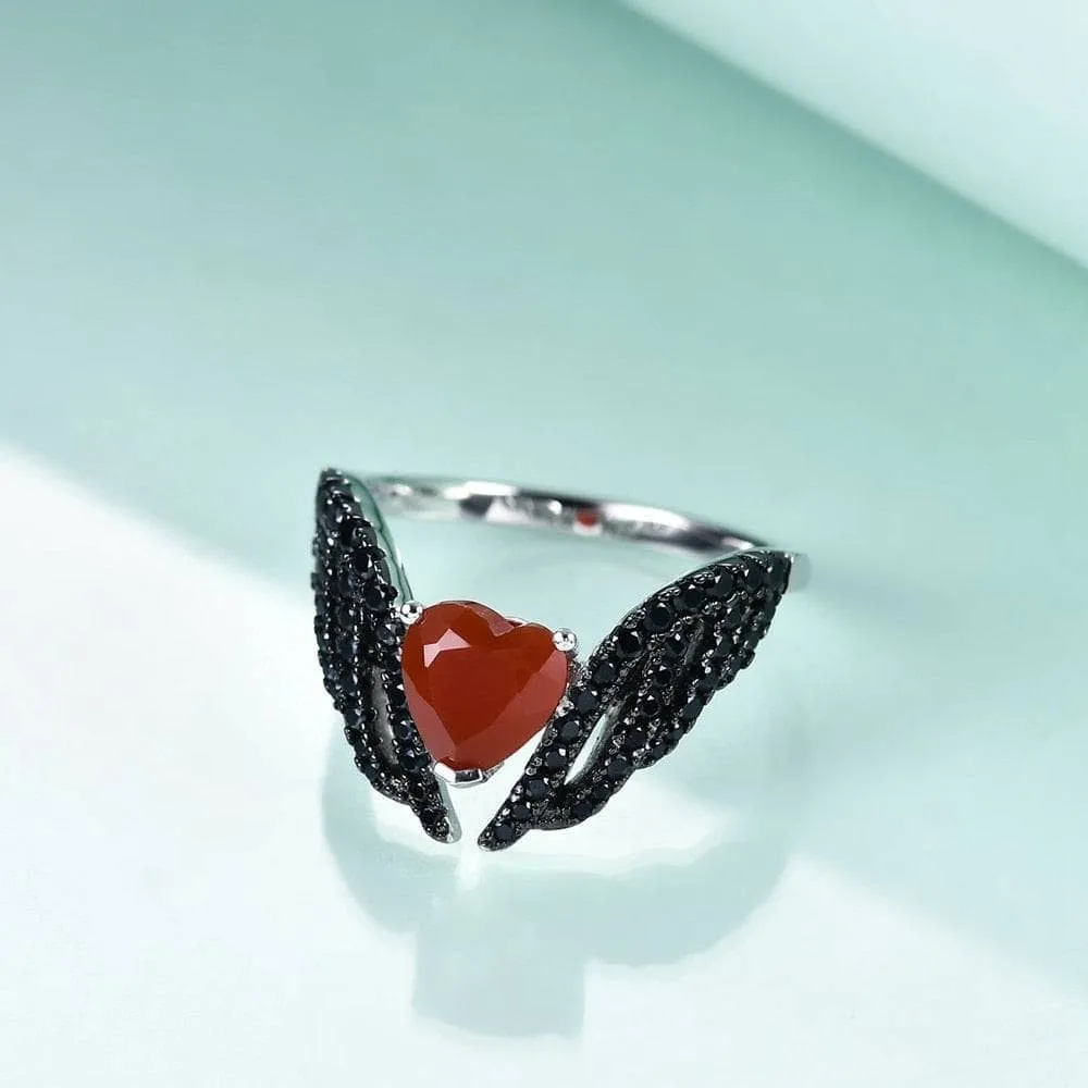 Natural Red Garnet Black Swan Feather Wing Ring