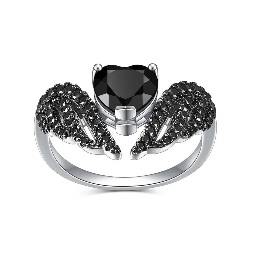 Natural Red Garnet Black Swan Feather Wing Ring