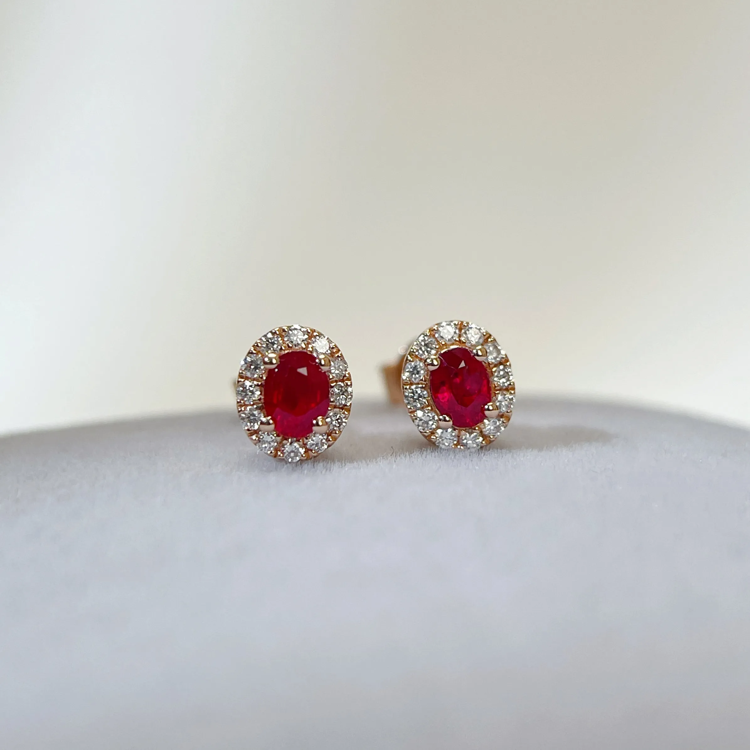 Natural Ruby Earrings Mini Halo Setting 18K Solid Rose Gold