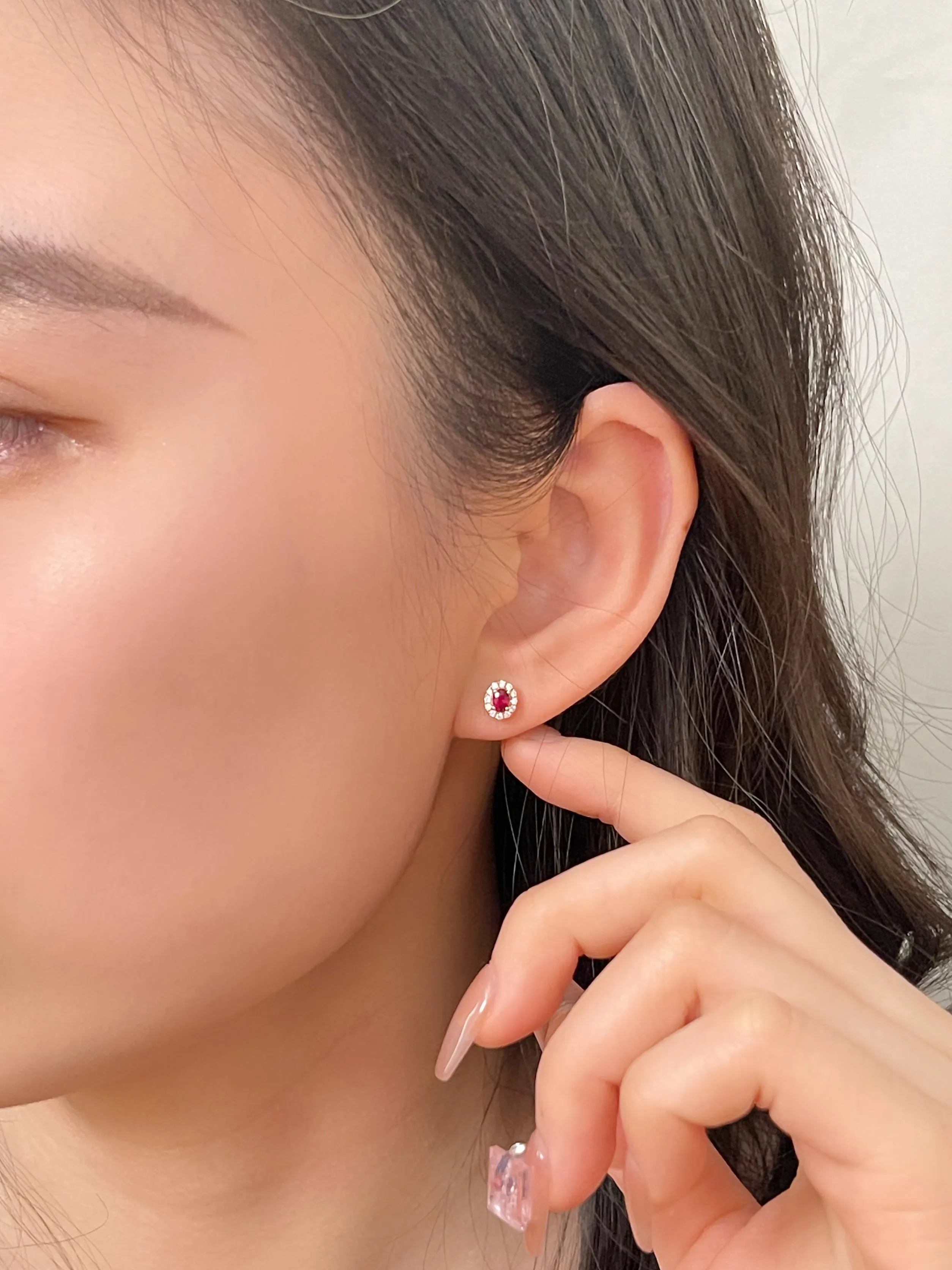 Natural Ruby Earrings Mini Halo Setting 18K Solid Rose Gold